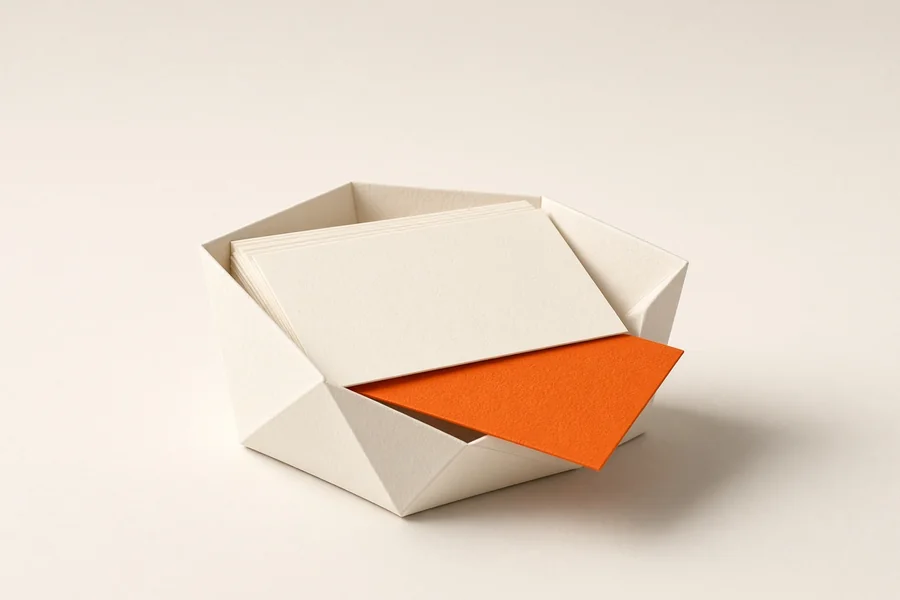 A folded paper tray of white cards with one ember card pulled out