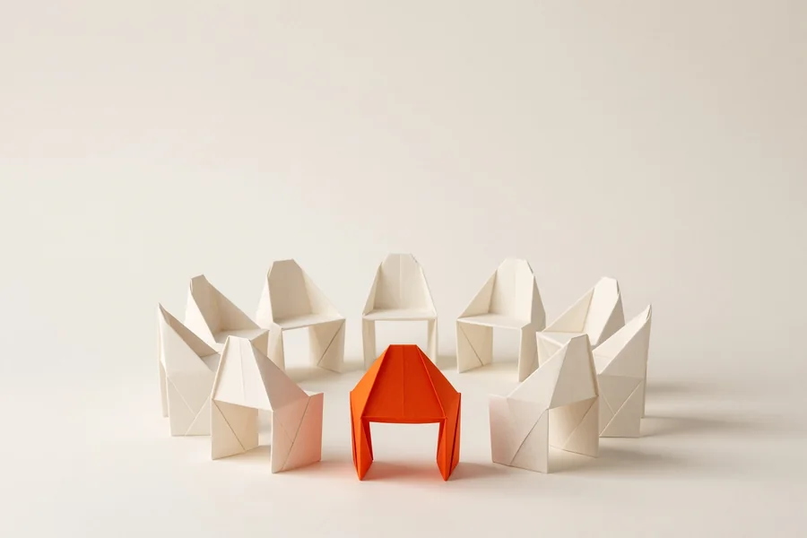 A circle of white paper chairs, one of them in ember