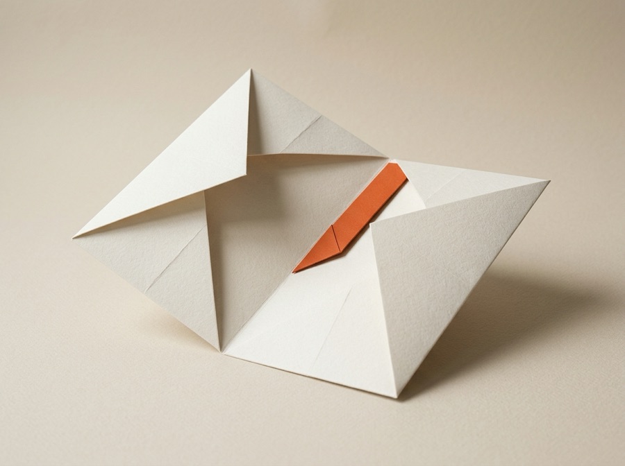 An open white cotton-paper folio with a single burnt-terracotta bookmark tab