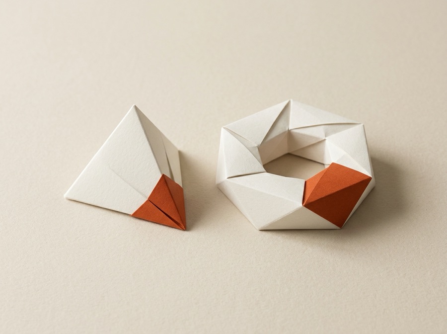 Two white folded-paper sculptures side by side: a simple three-sided triangle beside a six-segment hexagonal loop, each with one terracotta edge